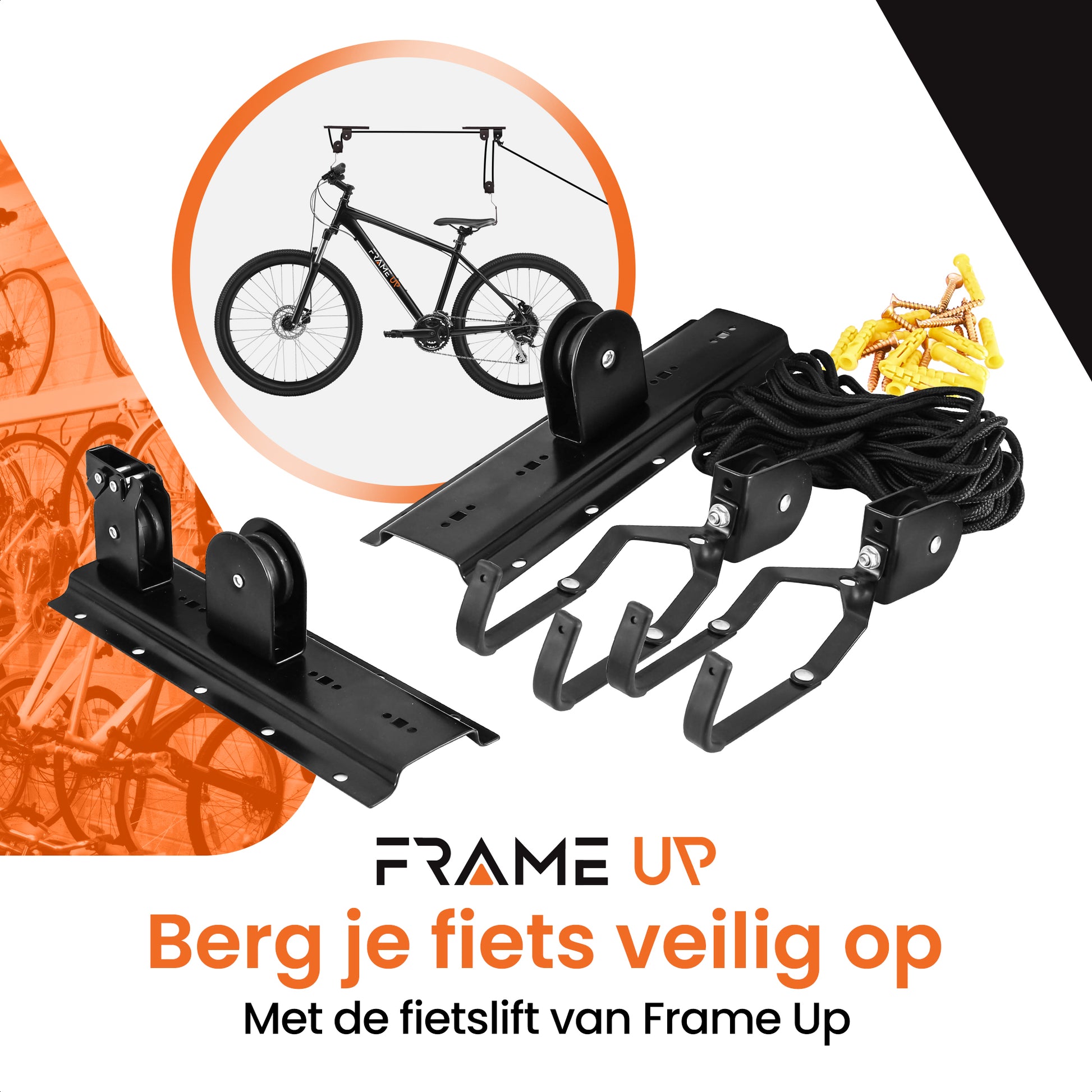 mountainbike ophangen Frame Up Fietslift – Sterke fietstakel 30kg voor e-bike & mountainbike - fiets ophangen aan plafond